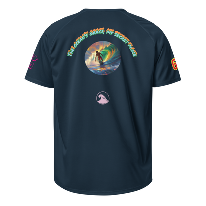 French navy unisex sports jersey: back circle artwork with arched text and surf icon