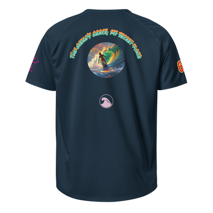 French navy unisex sports jersey: back circle artwork with arched text and surf icon