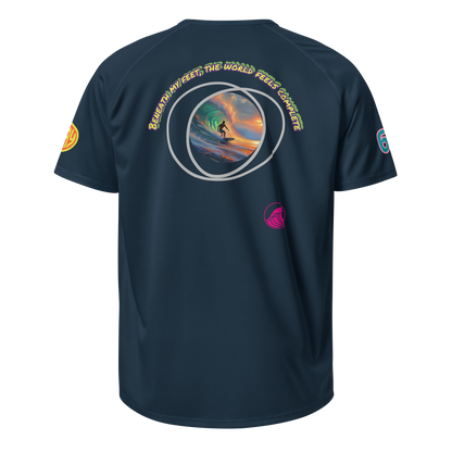 French navy unisex sports jersey back view with large circular surf graphic