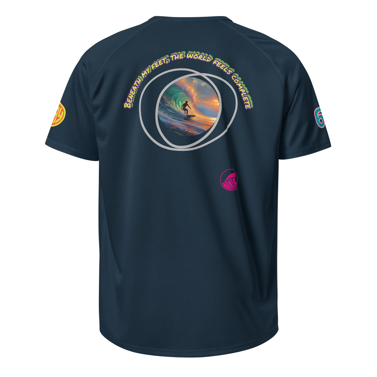 French navy unisex sports jersey back view with large circular surf graphic