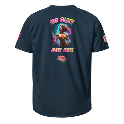French Navy Sportshirt, Rückseite mit „NO QUIT JUST GRIT“-Print und Lippen-Grafik