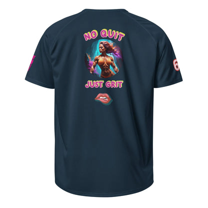 French Navy Sportshirt, Rückseite mit „NO QUIT JUST GRIT“-Print und Lippen-Grafik