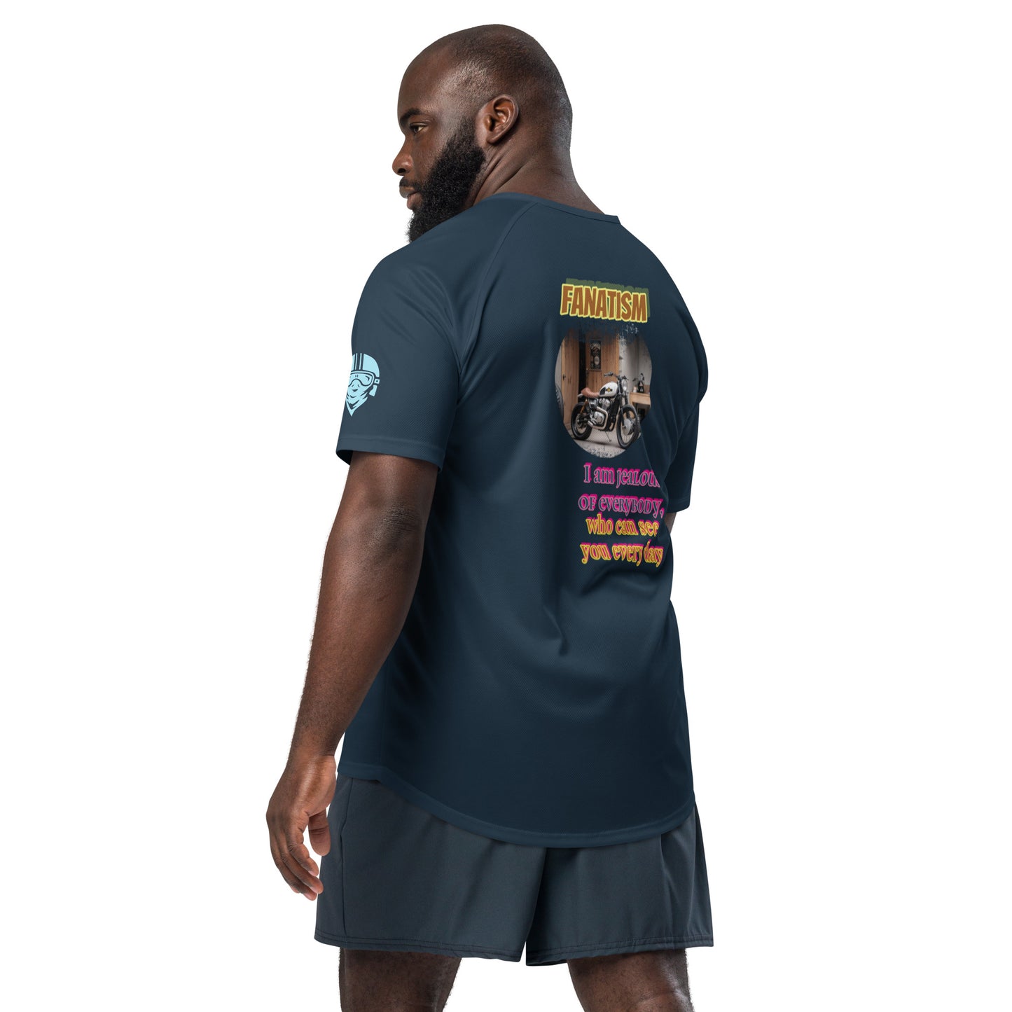 Scrambler#2 T-shirt dark teal navy with back graphic FANATISM and colorful text.