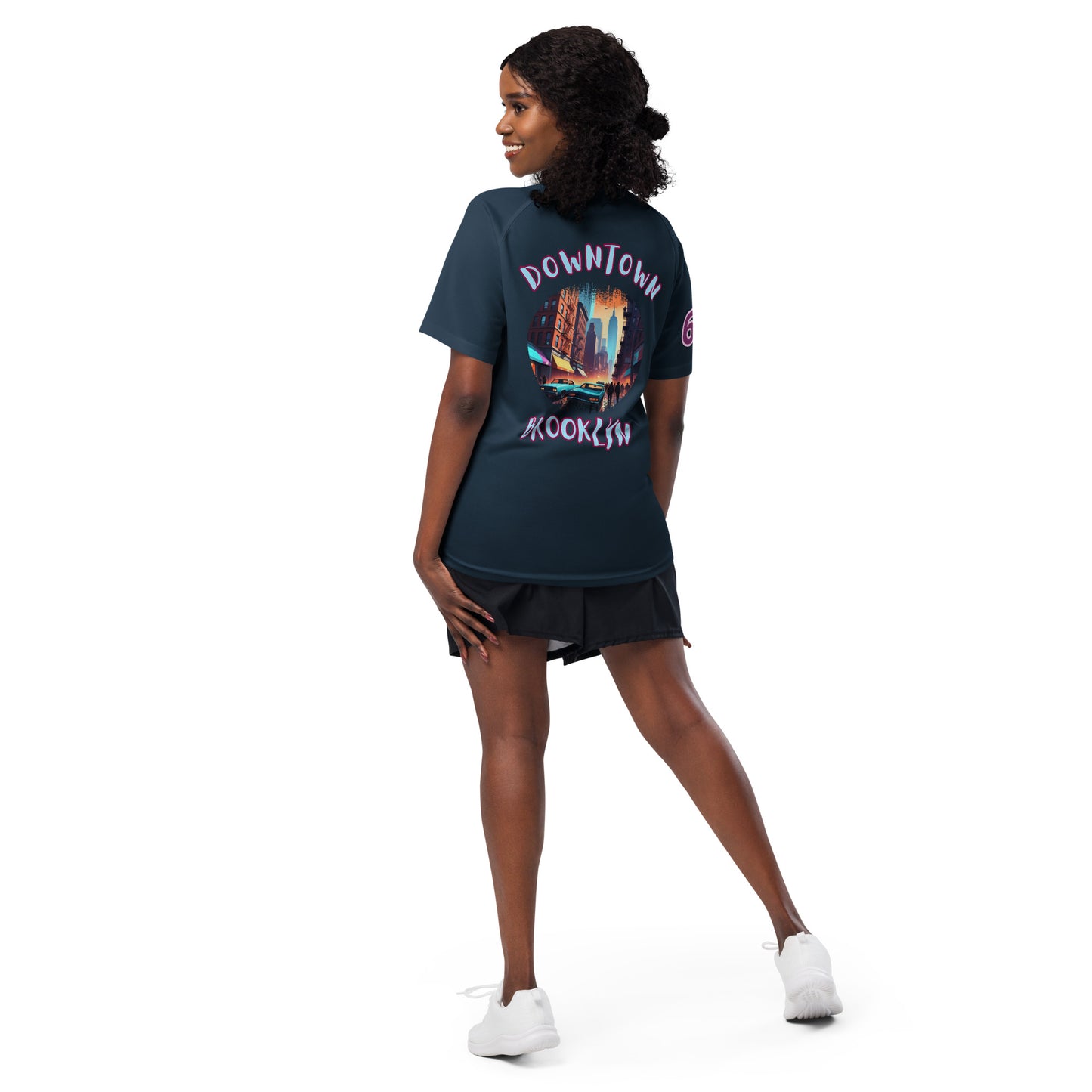 AW Brklyn sports jersey in French navy, back graphic print and number detail
