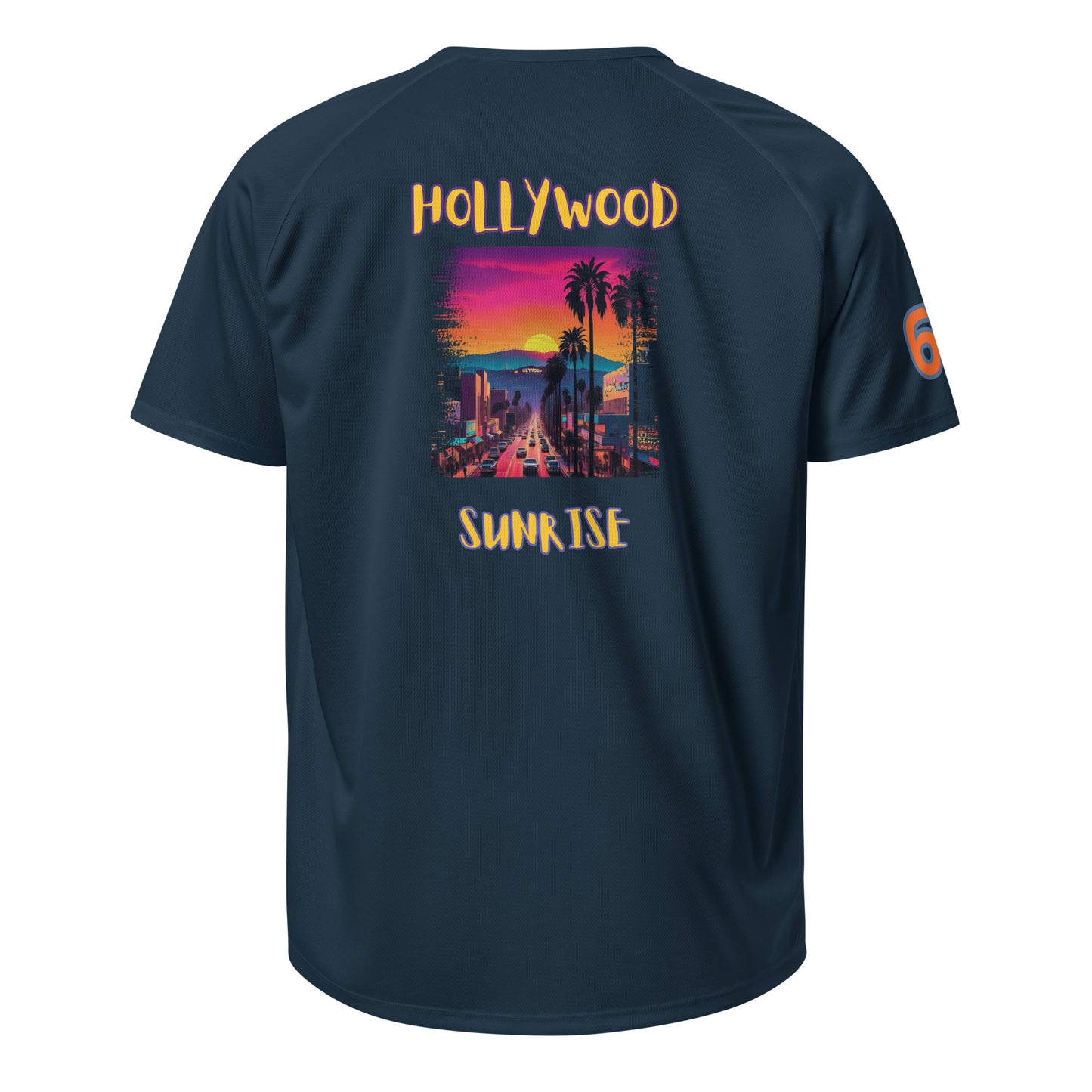 Sports jersey, French navy back with “HOLLYWOOD SUNRISE” graphic and “6” sleeve patch