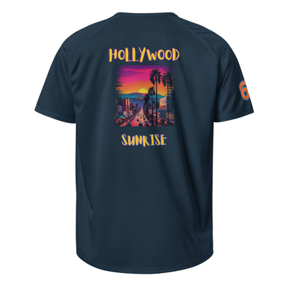 Sports jersey, French navy back with “HOLLYWOOD SUNRISE” graphic and “6” sleeve patch