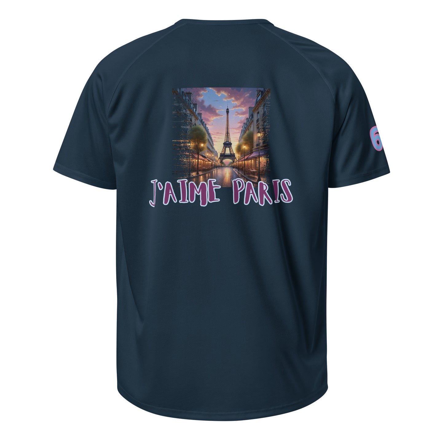Sports jersey, dark blue, back graphic with Eiffel Tower and “J’aime Paris” text.