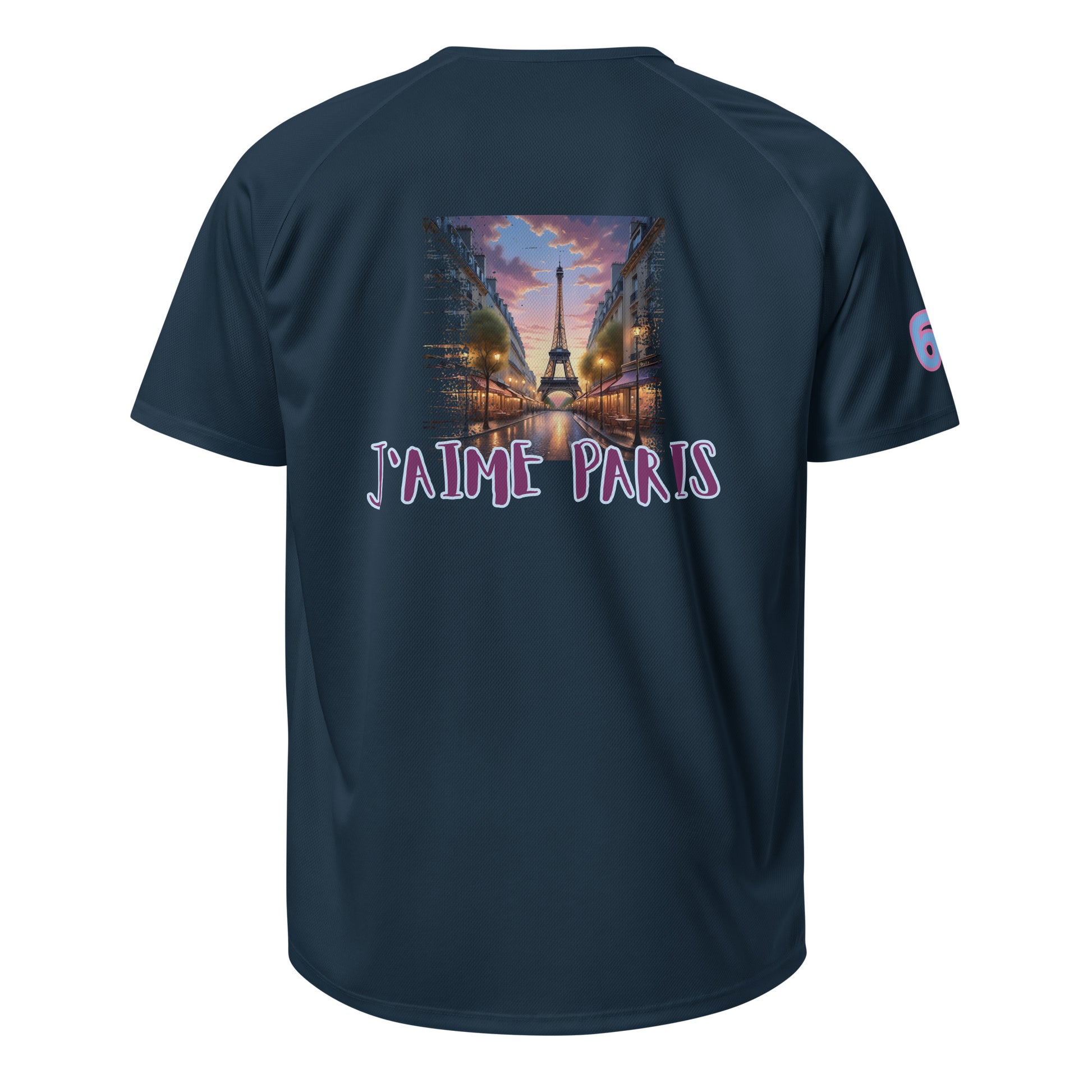Sports jersey, dark blue, back graphic with Eiffel Tower and “J’aime Paris” text.