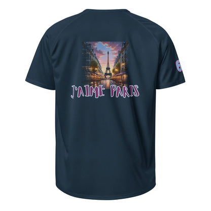 Sports jersey, dark blue, back graphic with Eiffel Tower and “J’aime Paris” text.