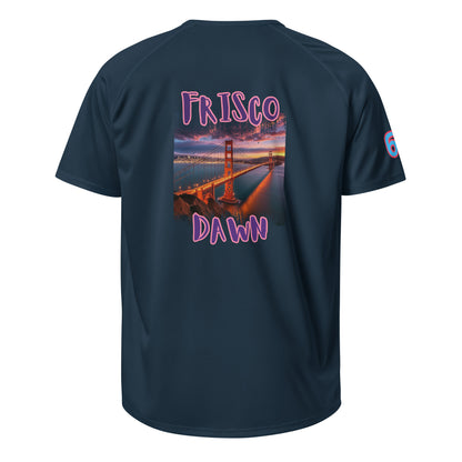 French navy sports jersey back with Frisco Dawn graphic and “6” sleeve number