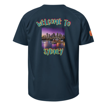 French navy sports jersey back with Welcome To Sydney graphic