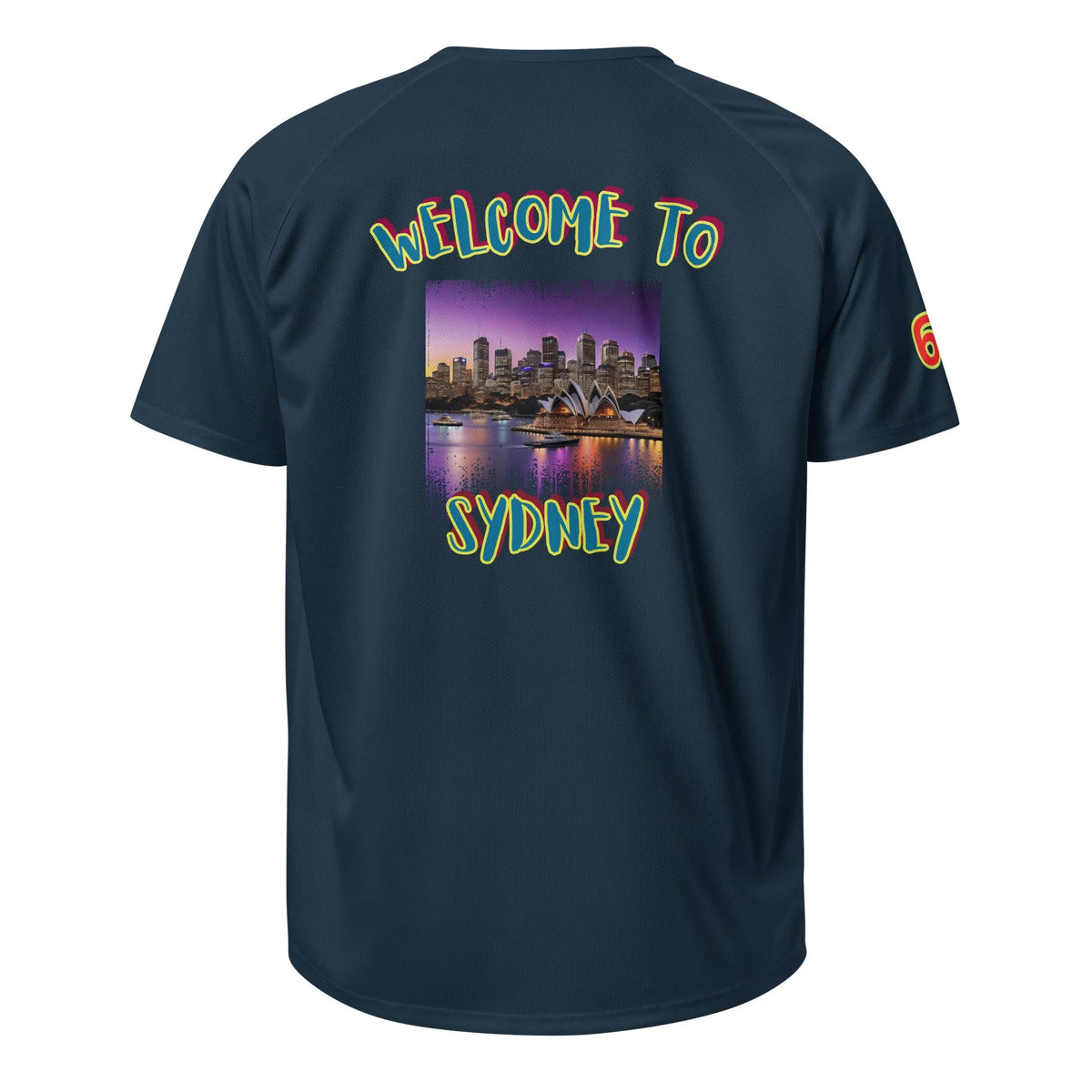 French navy sports jersey back with Welcome To Sydney graphic