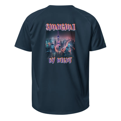 French navy sports jersey, back print reading “SHANGHAI BY NIGHT”