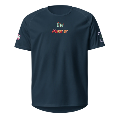 French navy unisex sports jersey, front logo with MOVE IT text, short sleeves