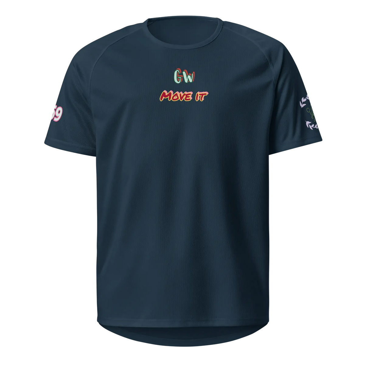French navy unisex sports jersey, front logo with MOVE IT text, short sleeves