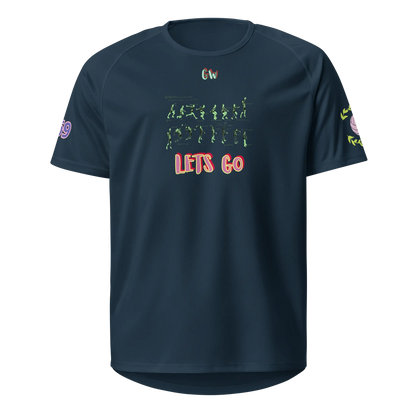 Unisex sports jersey, French navy, front print with green figures and “LET'S GO”