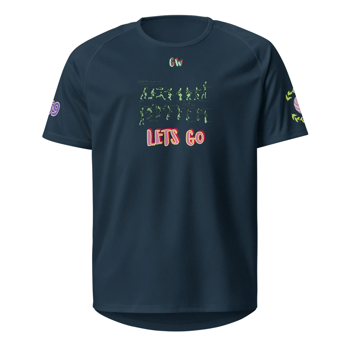 Unisex sports jersey, French navy, front print with green figures and “LET'S GO”