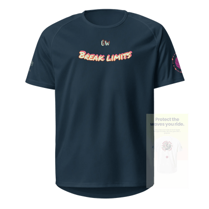 French navy unisex sports jersey, front “Break limits” text and side sleeve print