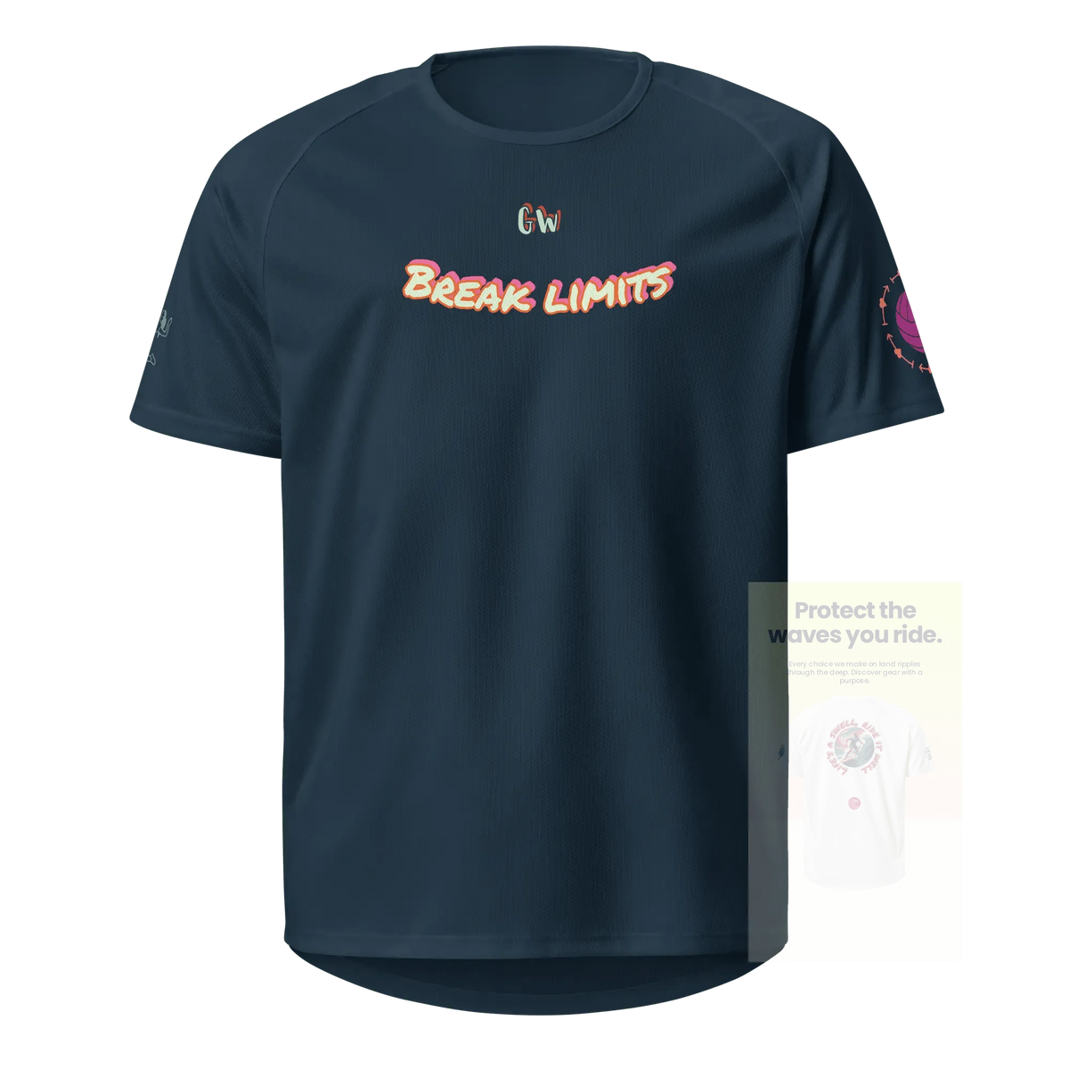 French navy unisex sports jersey, front “Break limits” text and side sleeve print
