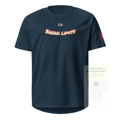 French navy unisex sports jersey, front “Break limits” text and side sleeve print
