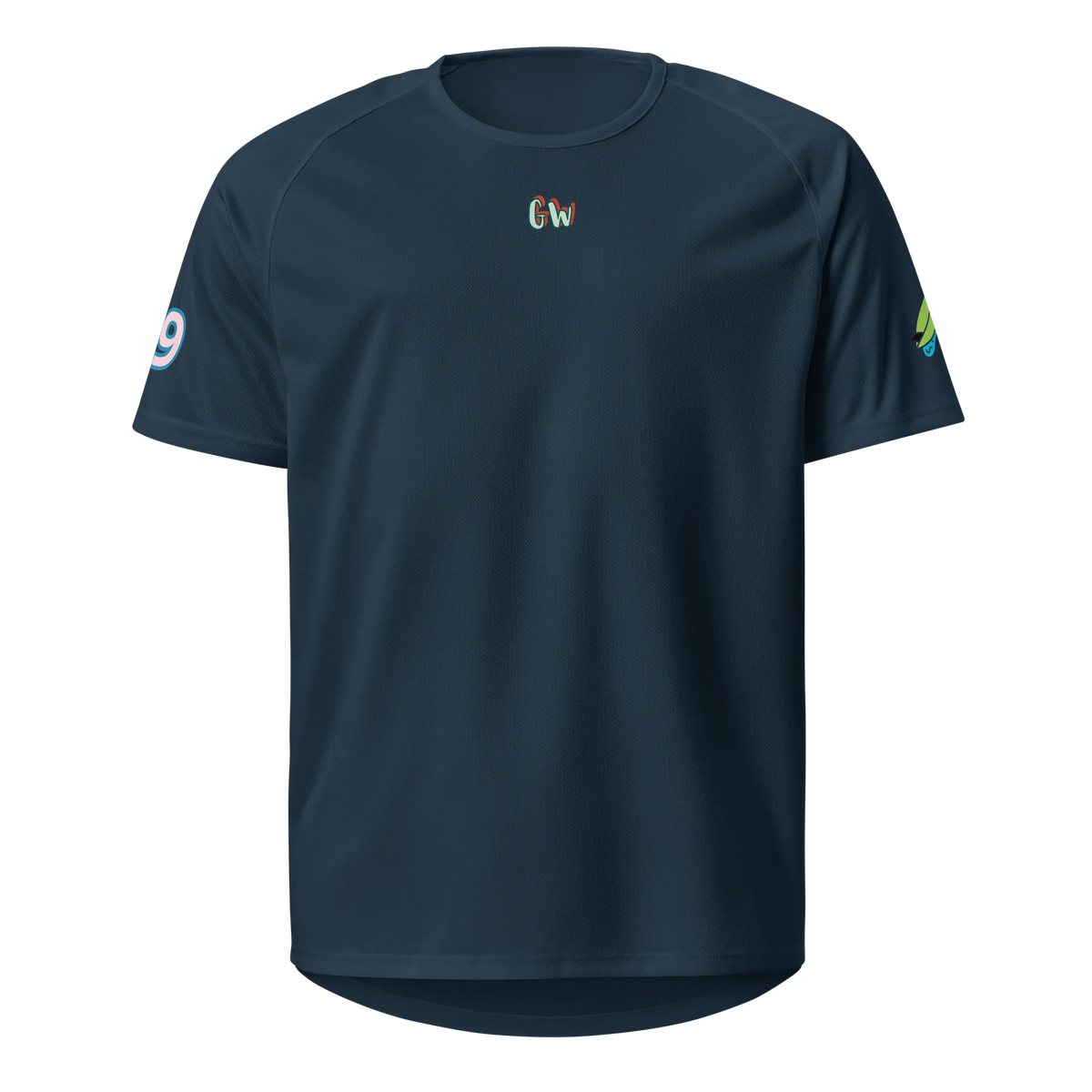 French navy sports jersey front view with small Gw chest logo