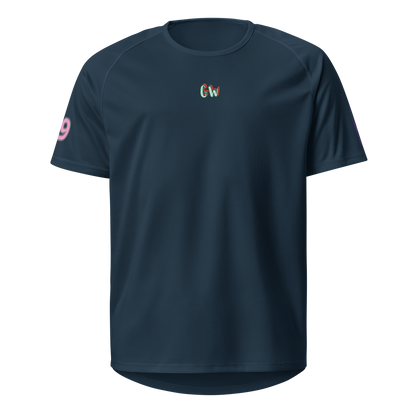 French navy sports jersey front with small Gw logo, short sleeves, athletic fit