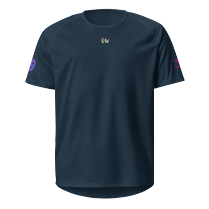 French navy sports jersey, front view with small Gw logo and pink sleeve accents