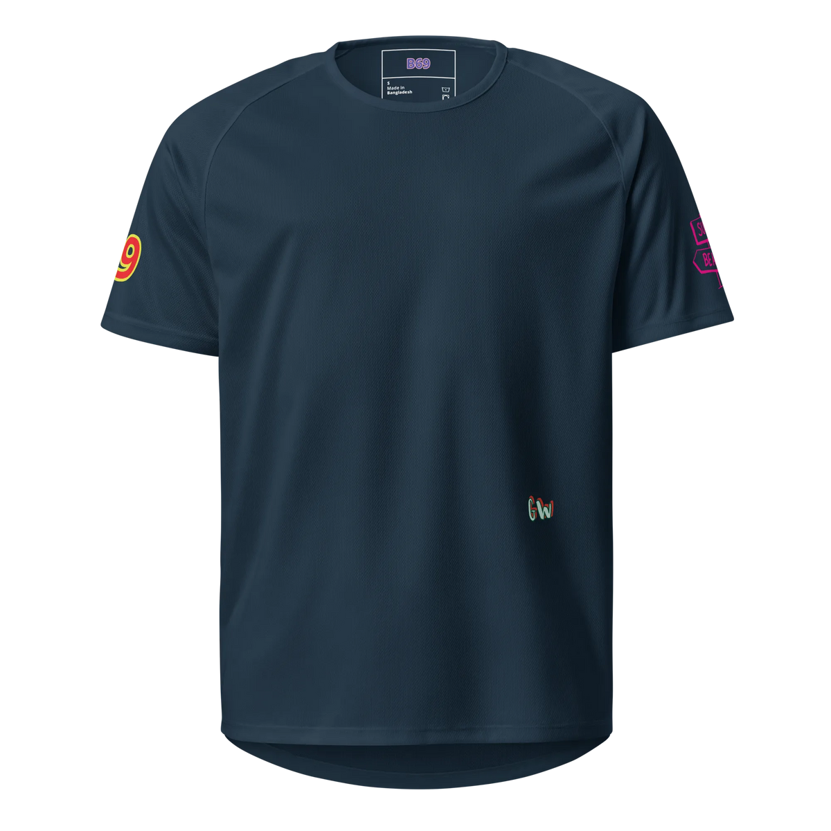 French navy unisex sports jersey: front plain mesh with small GW mark