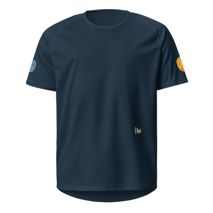 French navy unisex sports jersey front view with sleeve patches and small chest mark