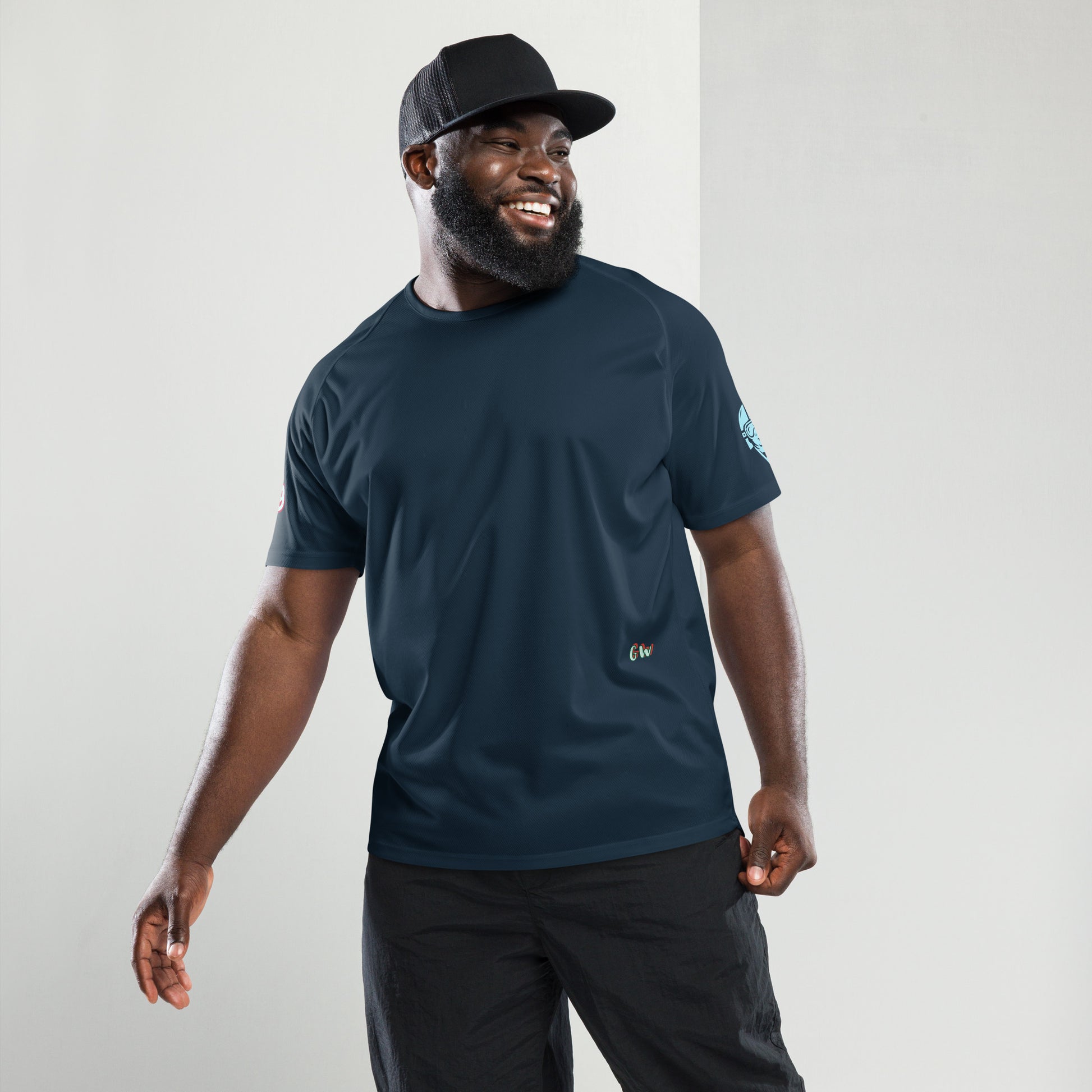 Scrambler#2 T-shirt dark teal navy with small chest logo and crew neck.