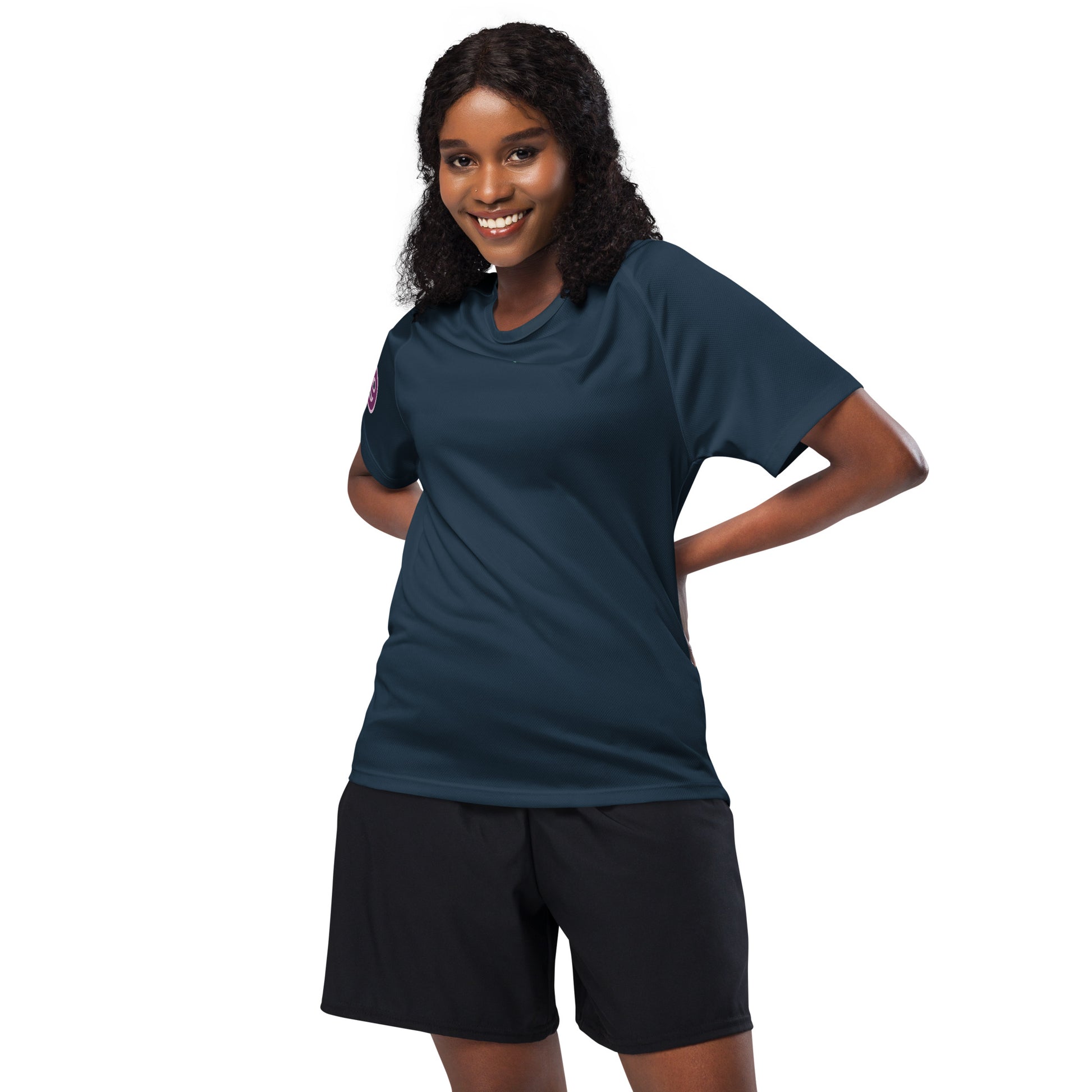 AW Brklyn sports jersey in French navy, front crew-neck with small side logo