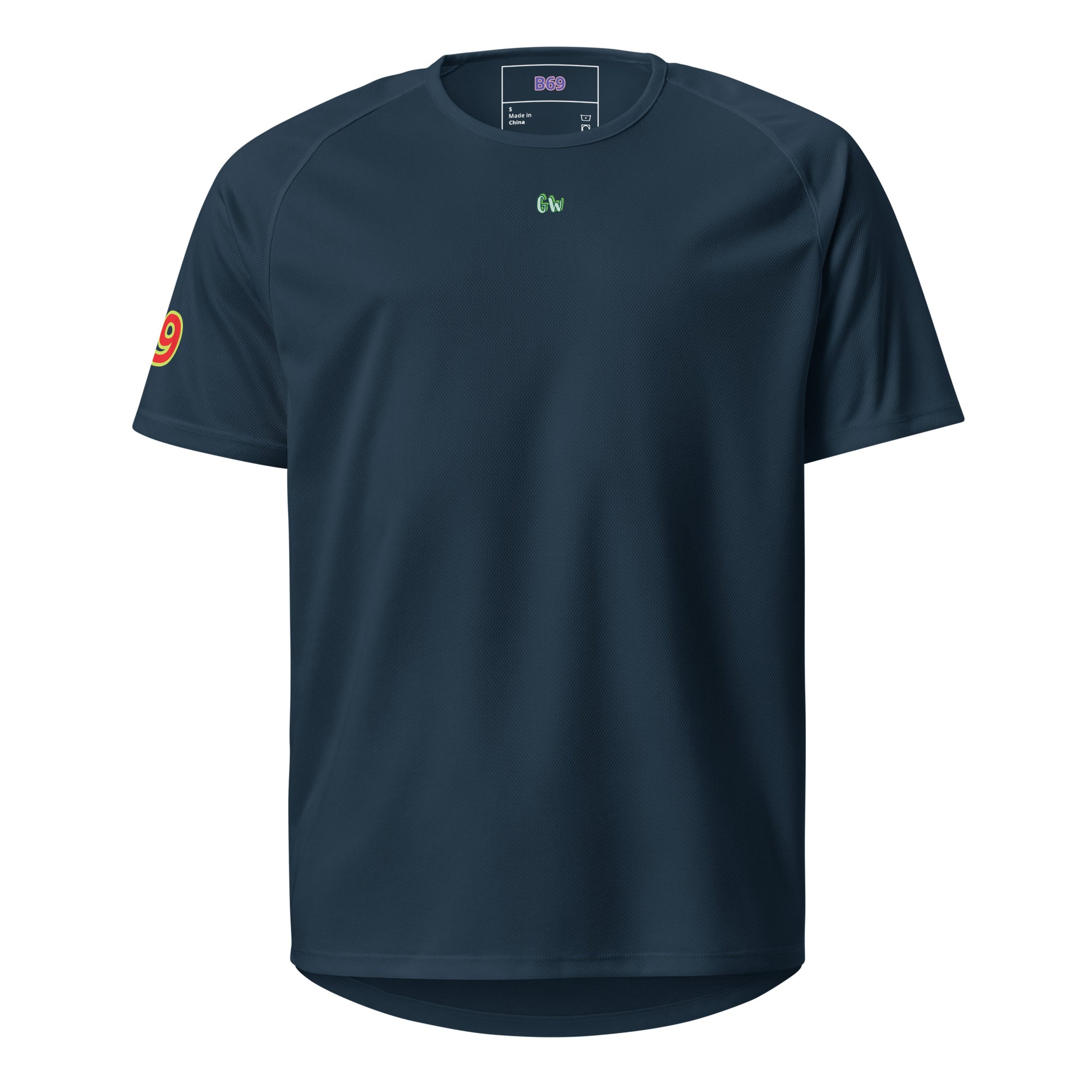 French navy sports jersey front with small chest logo and yellow 9 on sleeve