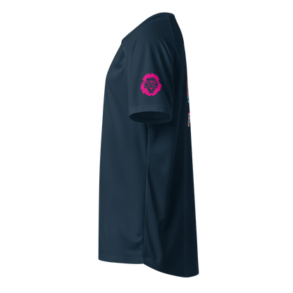 Unisex sports jersey French navy, side view with pink face logo