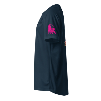 French navy unisex sports jersey sleeve with pink animal logo detail