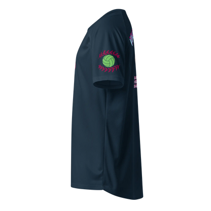 French navy unisex sports jersey sleeve graphic with green ball and pink laurel