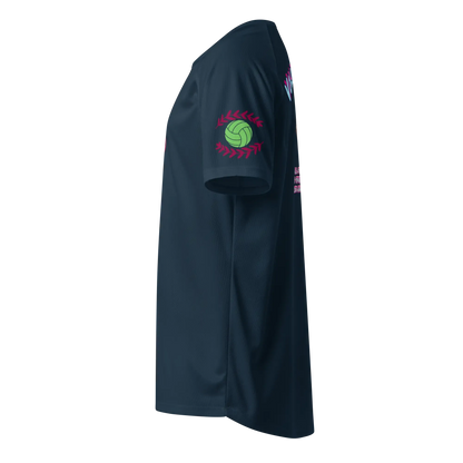 French navy unisex sports jersey sleeve graphic with green ball and pink laurel