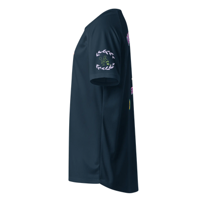 French navy unisex sports jersey side view, sleeve wreath graphic