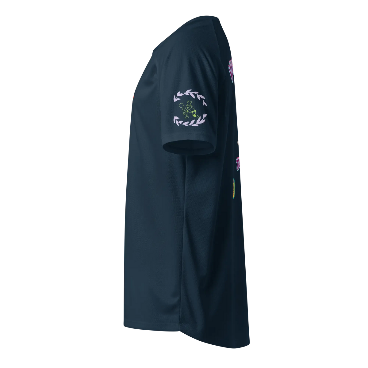 French navy unisex sports jersey side view, sleeve wreath graphic
