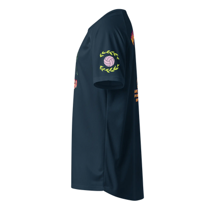 Unisex sports jersey, French navy, side view with laurel ball emblem on sleeve