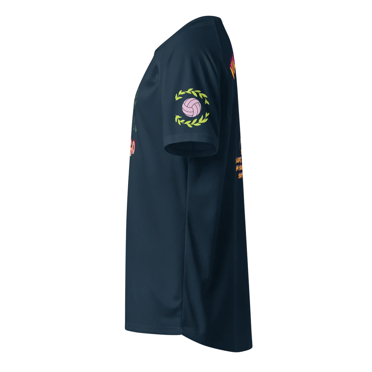 Unisex sports jersey, French navy, side view with laurel ball emblem on sleeve