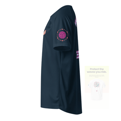 French navy unisex sports jersey, side view with purple ball sleeve emblem