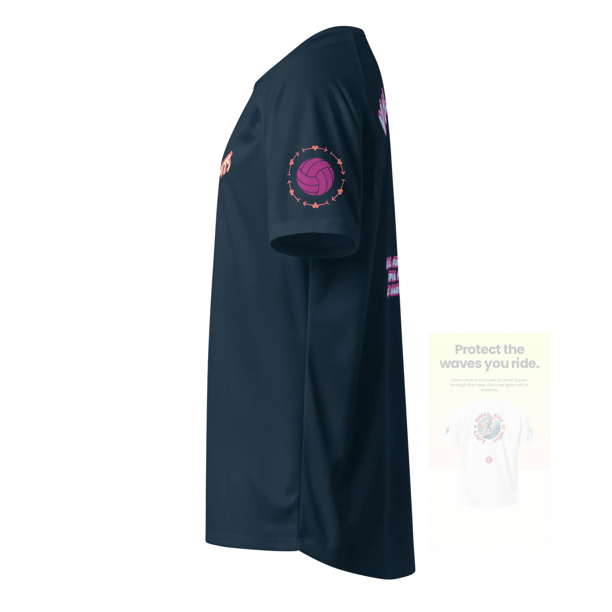 French navy unisex sports jersey, side view with purple ball sleeve emblem