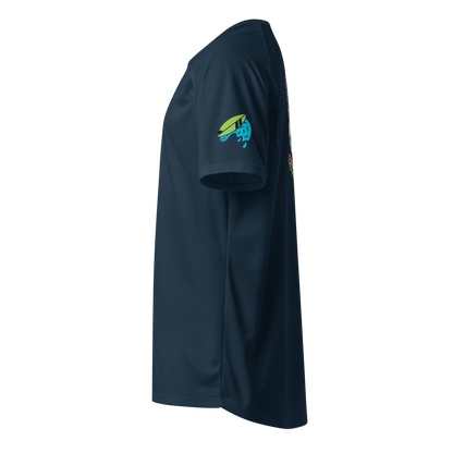 French navy unisex sports jersey, short sleeve with green-blue surf fin logo