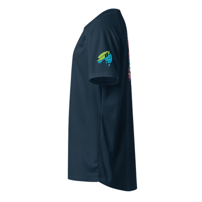 French navy sports jersey side view with green-blue fish logo on sleeve