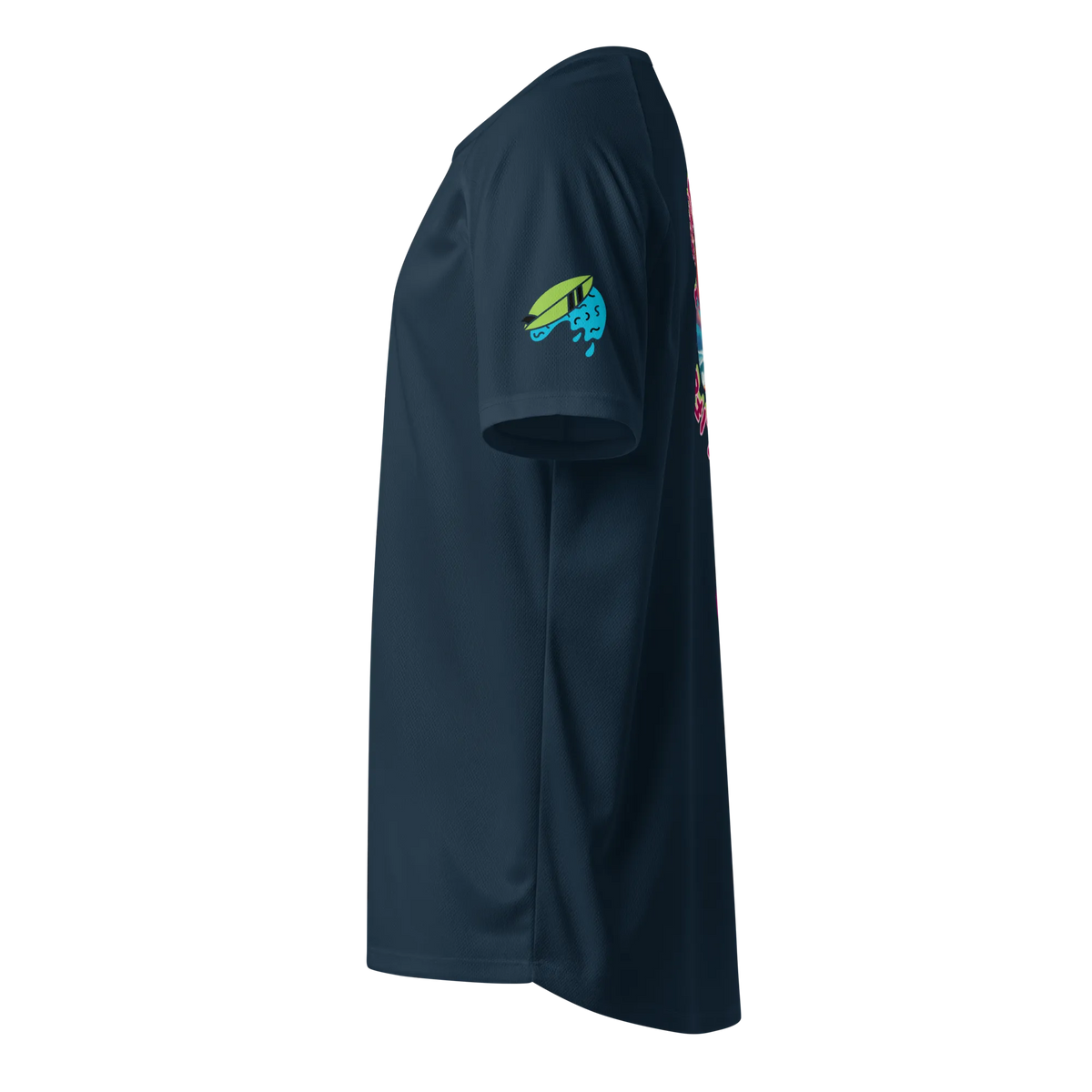 French navy sports jersey side view with green-blue fish logo on sleeve