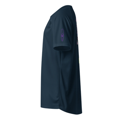 French navy sports jersey side view with neon surfboard outline on sleeve