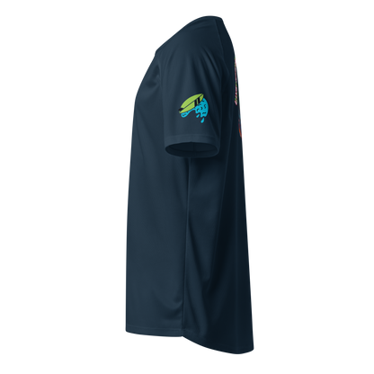 French navy sports jersey side view with neon surf emblem on sleeve