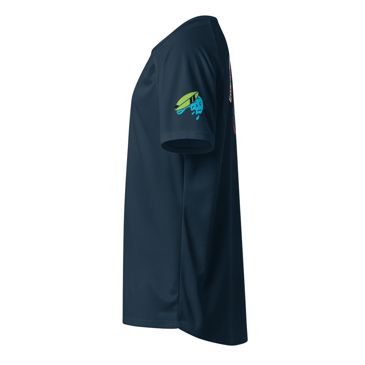 French navy sports jersey side view with neon surf emblem on sleeve