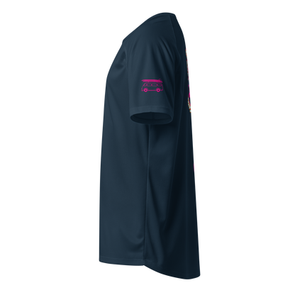 French navy sports jersey, side view with pink car icon on sleeve