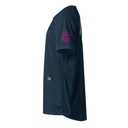 French navy unisex sports jersey: side view with pink 'SURF BEACH' badge and GW mark